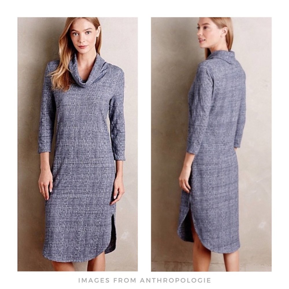 Saturday Sunday ▪ Dusty Blue Cowl Neck Midi Knit Cabin-core Anthro Sweater Dress
